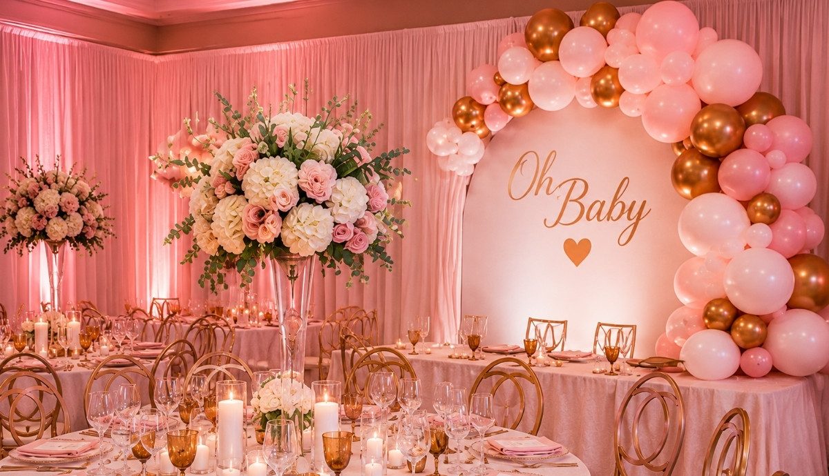 Rose gold and pink Oh Baby balloon arch with tall floral centerpieces