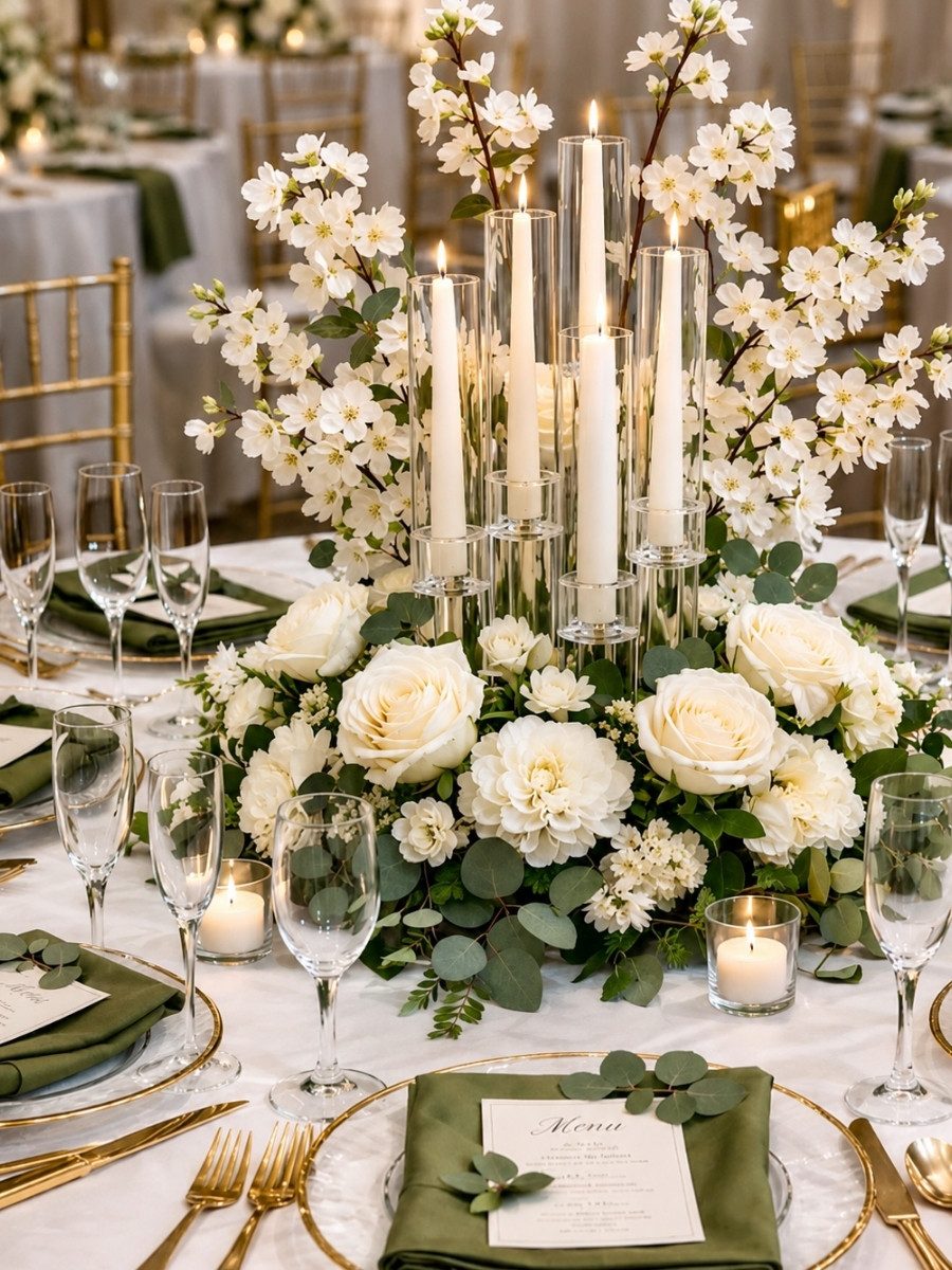 White rose and hydrangea centerpiece with taper candles and gold flatware