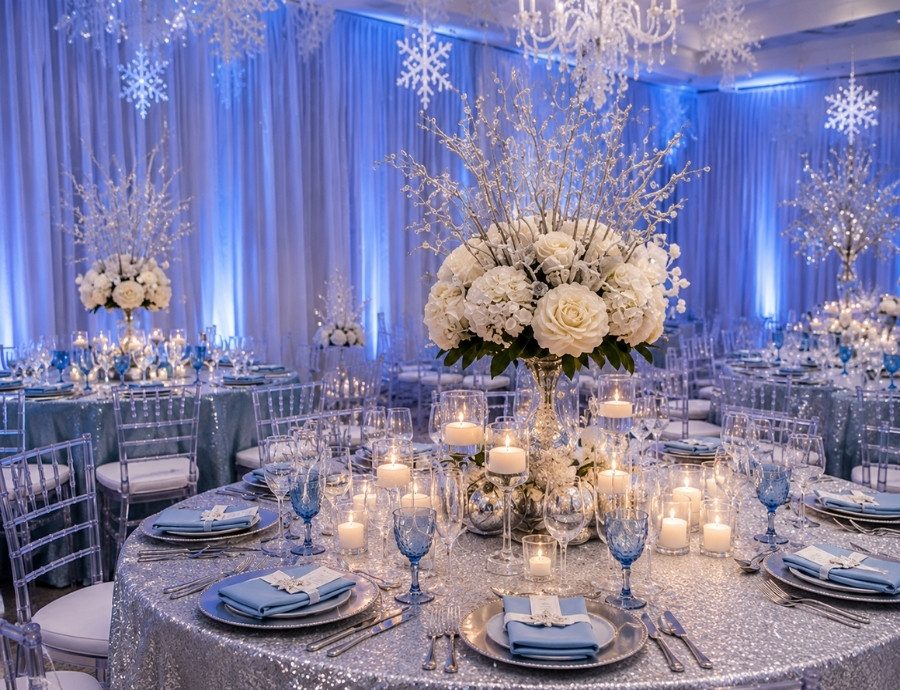 Blue-lit winter wedding tablescape with white hydrangea centerpieces and candles