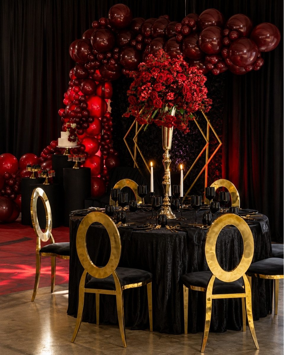 Burgundy and gold balloon and floral installation over a black velvet table
