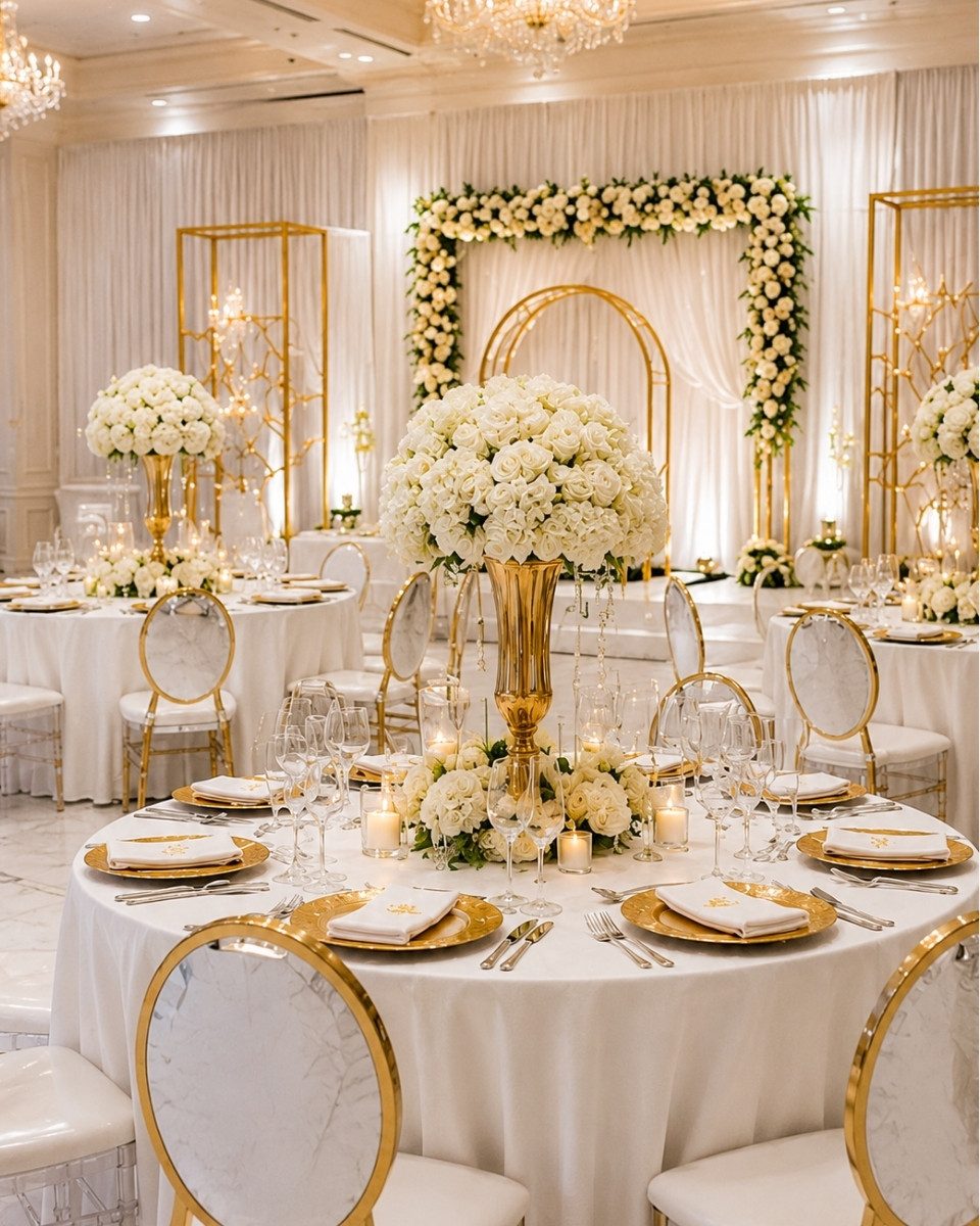 Ivory and gold wedding reception with a white floral arch and marble tables
