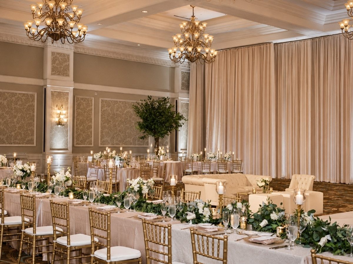 Grand ballroom wedding reception with chandeliers, greenery runners and gold chiavari chairs