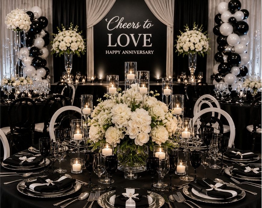Black and white anniversary tablescape with white florals and candlelight